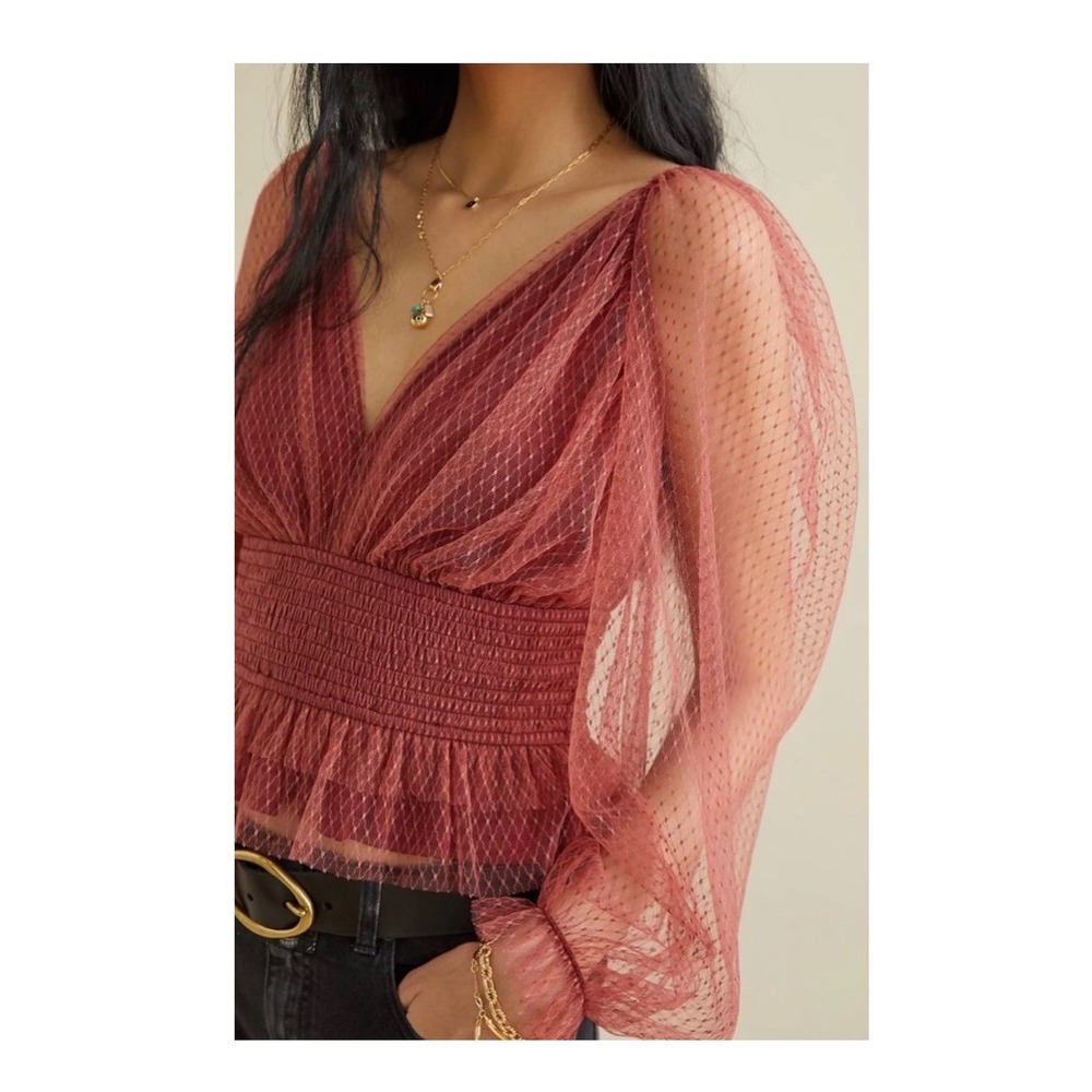 Anthropologie Burgundy Mesh Smocked Peplum Top V-Neck Puff Sleeve Wine Small